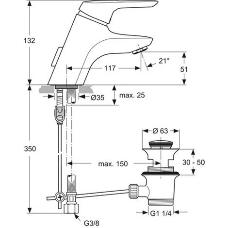 Ideal Standard Waschtischarmatur Ceramix Blue, Piccolo, , Ausladung 117mm, Chrom, A5 X 1AA – Bild 2