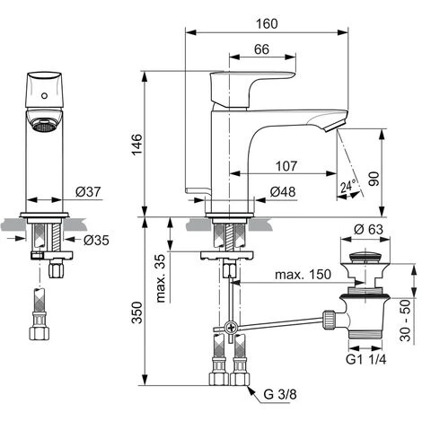 Ideal Standard Waschtischarmatur Connect Air, Slim, 5 L/min., Mit Ablaufgarnitur Ausld.107mm, Chrom – Bild 3