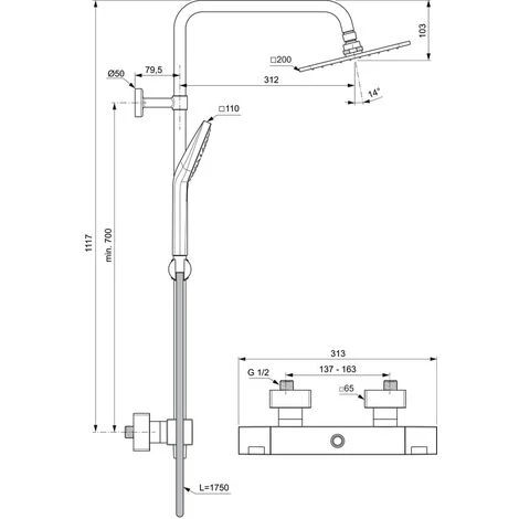 Ideal Standard Duschsystem Ceratherm T100 Square Brausestange Rund Chrom â Bild 2