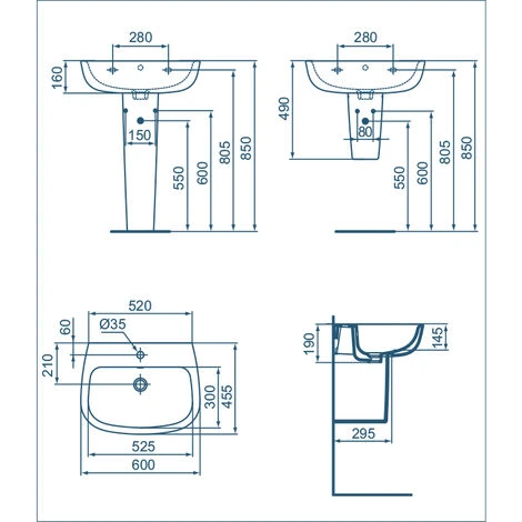 Ideal Standard Esedra 60 Cm Wandhängendes Badezimmerwaschbecken Mit Geräumiger Badewanne Mit Halbsäule – Bild 3